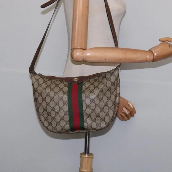 GUCCI GG Supreme Web Sherry Line Shoulder Bag PVC Beige Gold Auth BA5968 - Picture 1 of 16